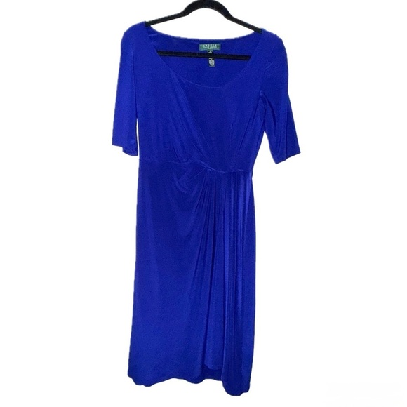 Lauren Ralph Lauren Elegant Blue Ruched Asymmetrical Sheath Dress - Picture 2 of 5